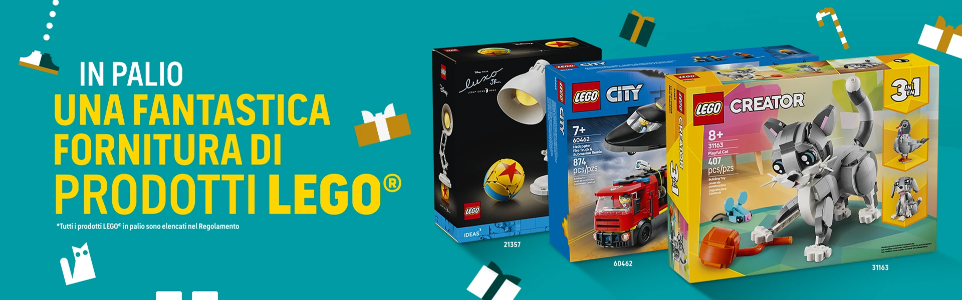 In palio una fantastica fornitura di prodotti LEGO&reg;: dal 1 dicembre al 24 dicembre 2025 acquista almeno 29,90 &euro; di set LEGO&reg; nei punti vendita selezionati e partecipa allâ€™estrazione finale, visual con tre confezioni LEGO in primo piano.
