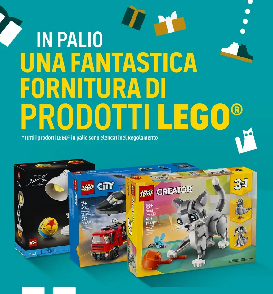 In palio una fantastica fornitura di prodotti LEGO&reg;: dal 1 dicembre al 24 dicembre 2025 acquista almeno 29,90 &euro; di set LEGO&reg; nei punti vendita selezionati e partecipa allâ€™estrazione finale, visual con tre confezioni LEGO in primo piano.
